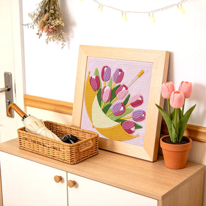 DOODLREAM Tulips Flower Punch Needle Kit for Beginner, 9.4"x 9.4" Umbrellas Punch Stitching Craft Set, DIY Embroidery Starter with Printed Frame, Instruction, Threader, Yarn, Pinch Needle