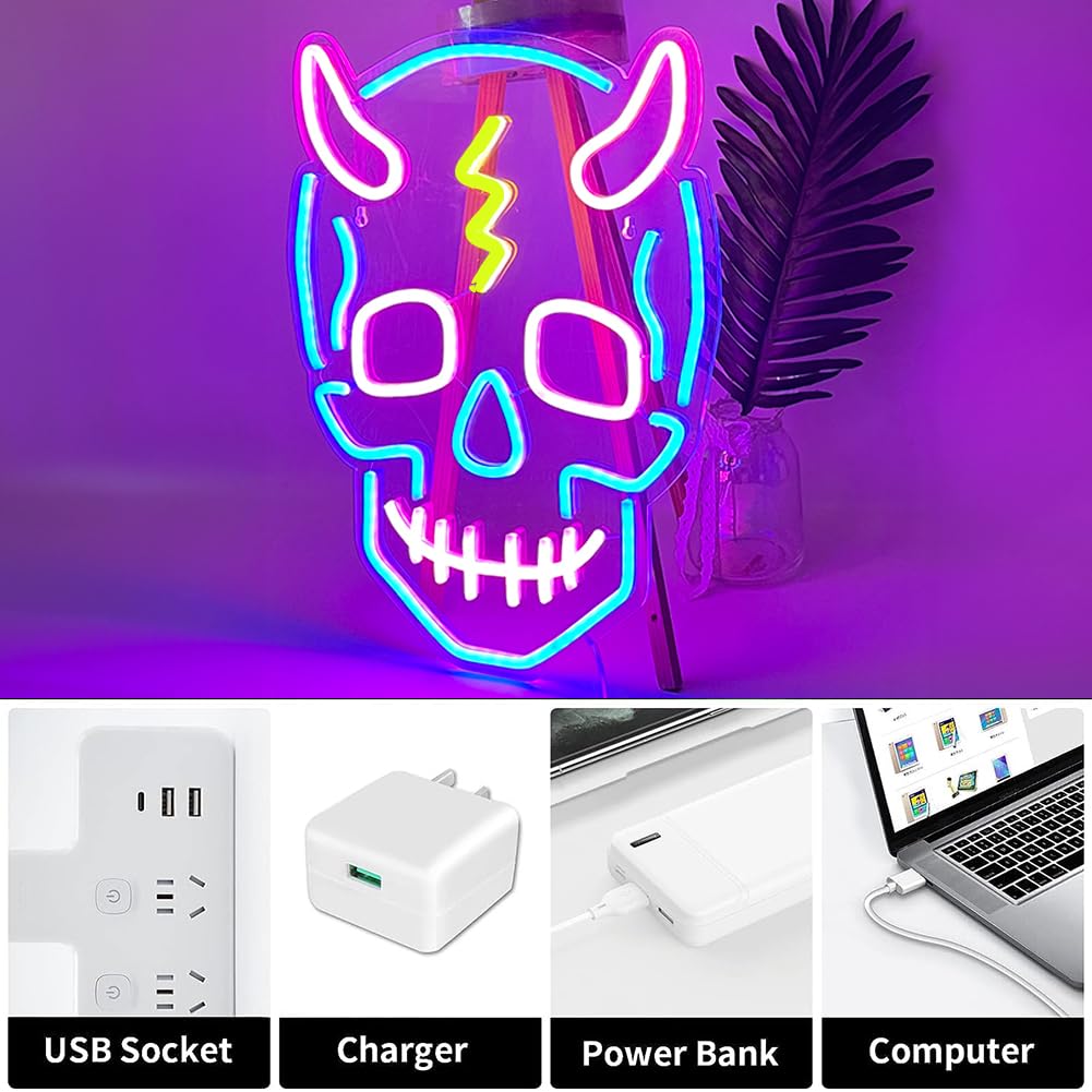 UExnkj-Y Skull Neon Sign Halloween Led Sign Neon Wall Sign USB Powered Led Light Signs for Man Cave Beer Bar Club Game Room Halloween Party Decor Gifts