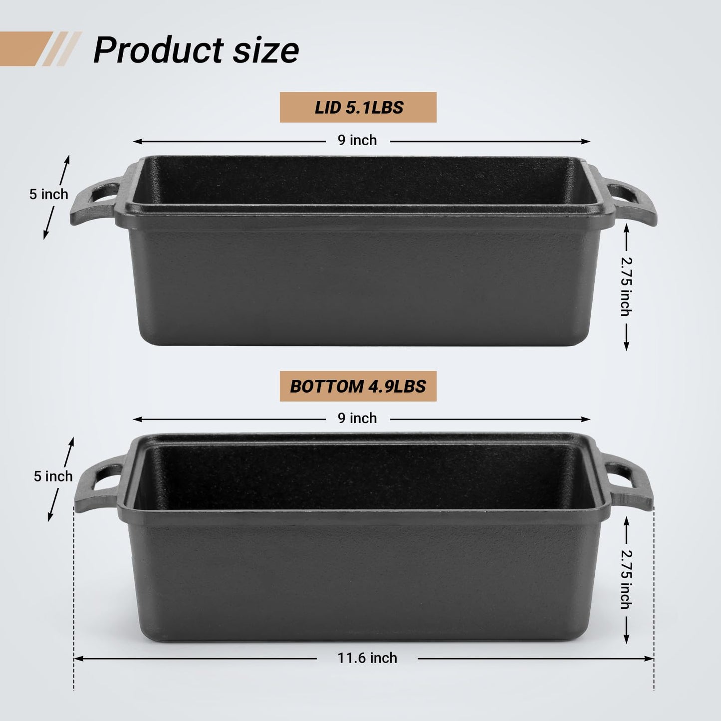 Northriver Casting 9×5 Inch Cast Iron Loaf Pan with Lid | Bread Baking Pan | Even Heat Distribution for Homemade Bread, Cake, and Meatloaf | 2 Piece Set