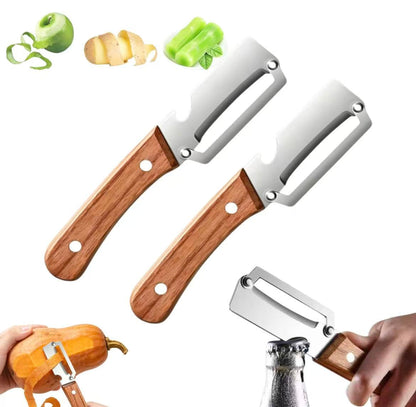 2 Pack Premium 2-in-1 Multi Functional Vegetable and Fruit Peeler with Bottle Opener, Wooden Handle, Stainless Steel Blade-Zero Snag, Smooth Glide Kitchen Tool for Potato, Carrot,Sugar Cane and More