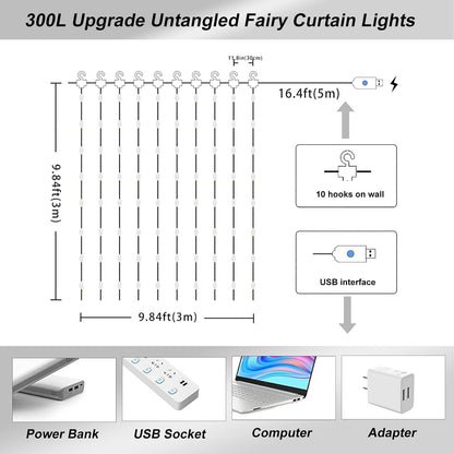 Upgrade 300LED White Curtain Light, 9.8ft x 9.8ft Copper Wire String Lights, USB Plug Hanging Window Fairy Lights