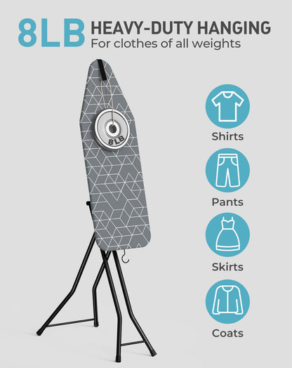 LyriFine Ironing Board, 2-in-1 Ironing and Steaming Board, Sturdy Steel Frame Iron Board with Non-Slip Feet, Heat Resistant Cover Iron Board, Foldable Compact Ironing Board with Hook, 14″ x 43″ Gray