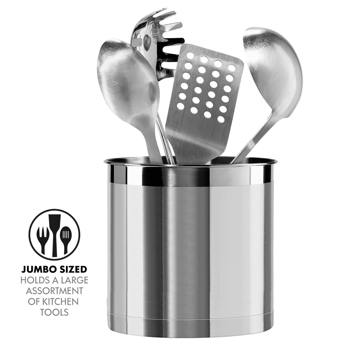 Oggi Stainless Steel Jumbo Utensil Holder - 7" Utensil Caddy, Weighted Base for Stability - Extra Large Utensil Crock and Countertop Utensil Organizer, Stainless Steel