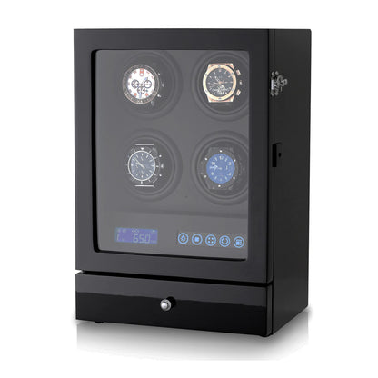 Automatic Watch Winder with LED Light, Storage Drawer and LCD Touchscreen Control (Black + Black)