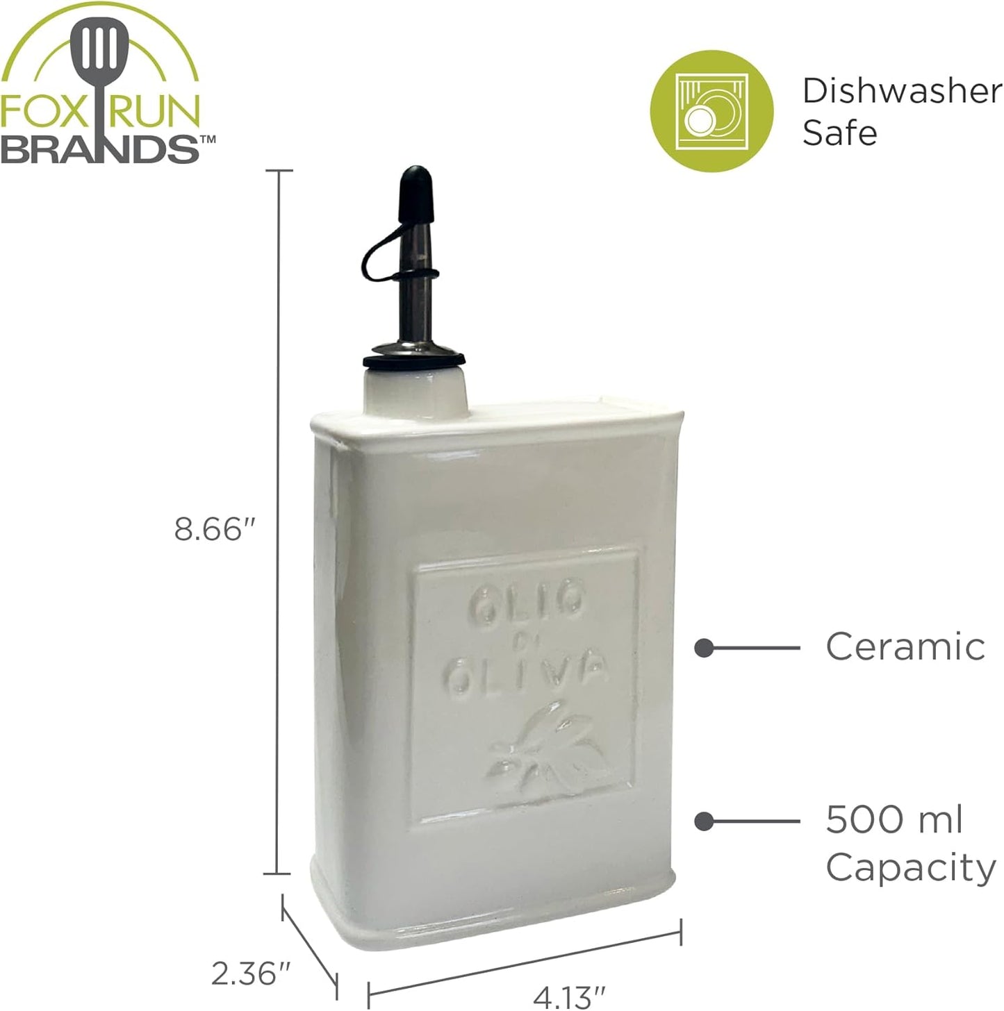 17 oz/500 ML Fox Run White Ceramic Oil Can, Olive Oil Dispenser With Pouring Spout and Cap