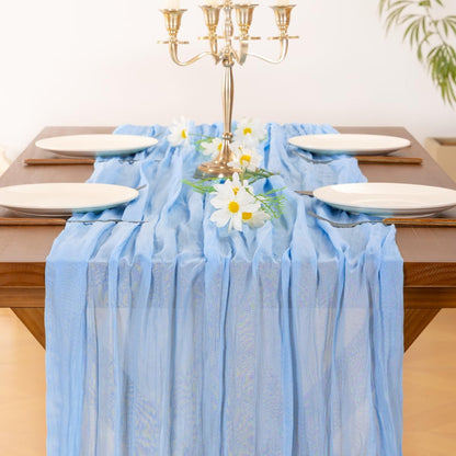 Socomi Cheesecloth Table Runner - Light Blue Boho Rustic Design | 120 Inch for Weddings & Events