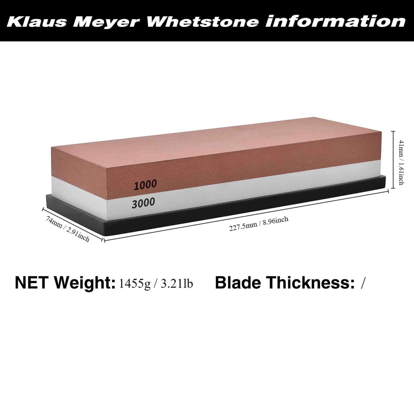 Klaus Meyer Premium Whetstone Knife Sharpening Stone 2 Side Grit 1000/3000 Waterstone- Whetstone Knife Sharpener- NonSlip Silicone Base