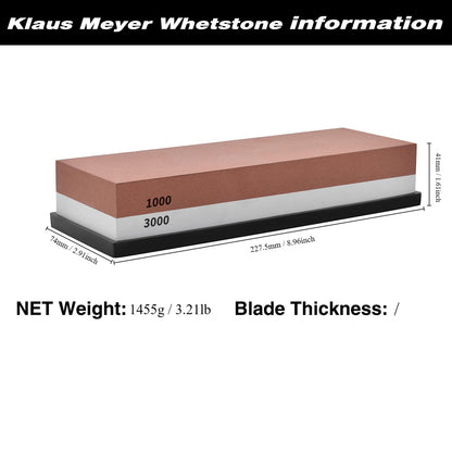 Klaus Meyer Premium Whetstone Knife Sharpening Stone 2 Side Grit 1000/3000 Waterstone- Whetstone Knife Sharpener- NonSlip Silicone Base