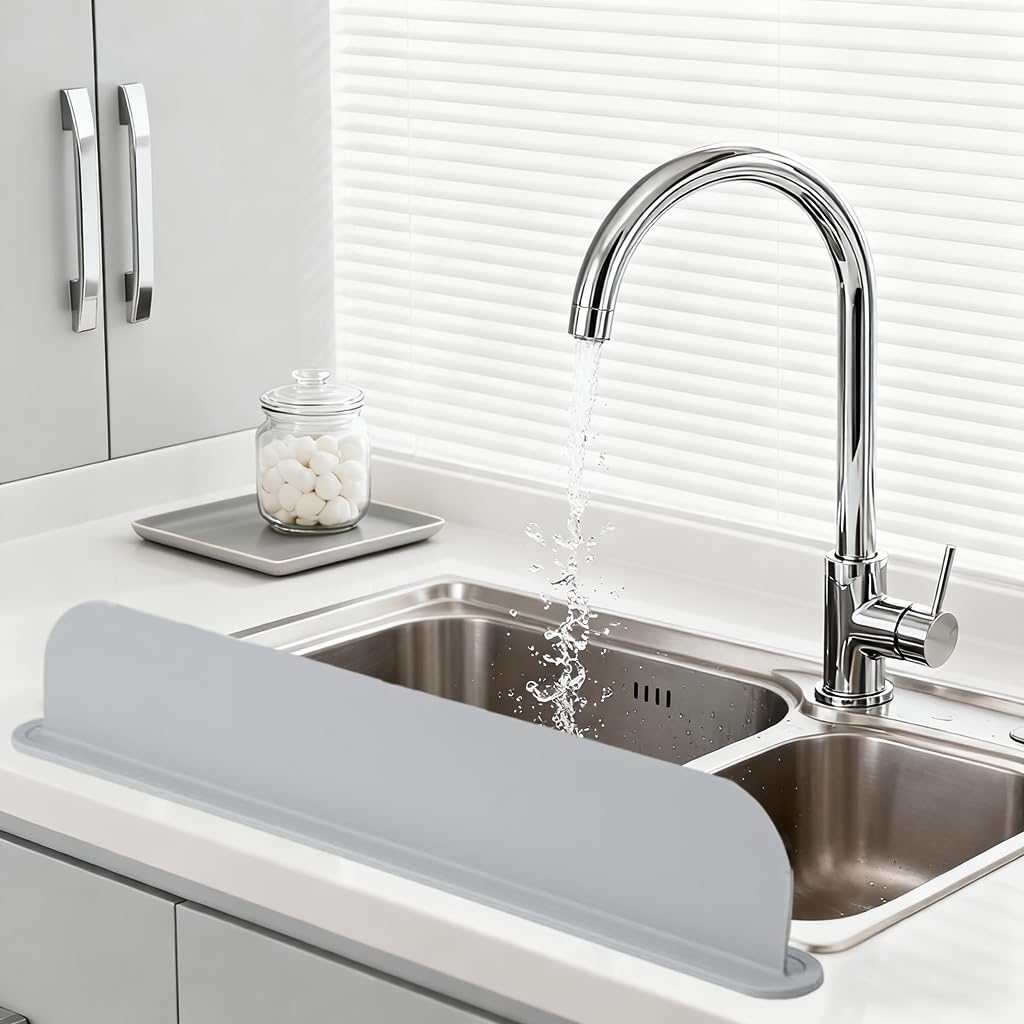 19.2inch(49cm) Silicone Sink Splash Guard, Sink Splash Guard with Suction Cup,Kitchen Sink Water Splash Guard, Kitchen Sink Splash Guard that Can Be Placed Behind (1, Gray)