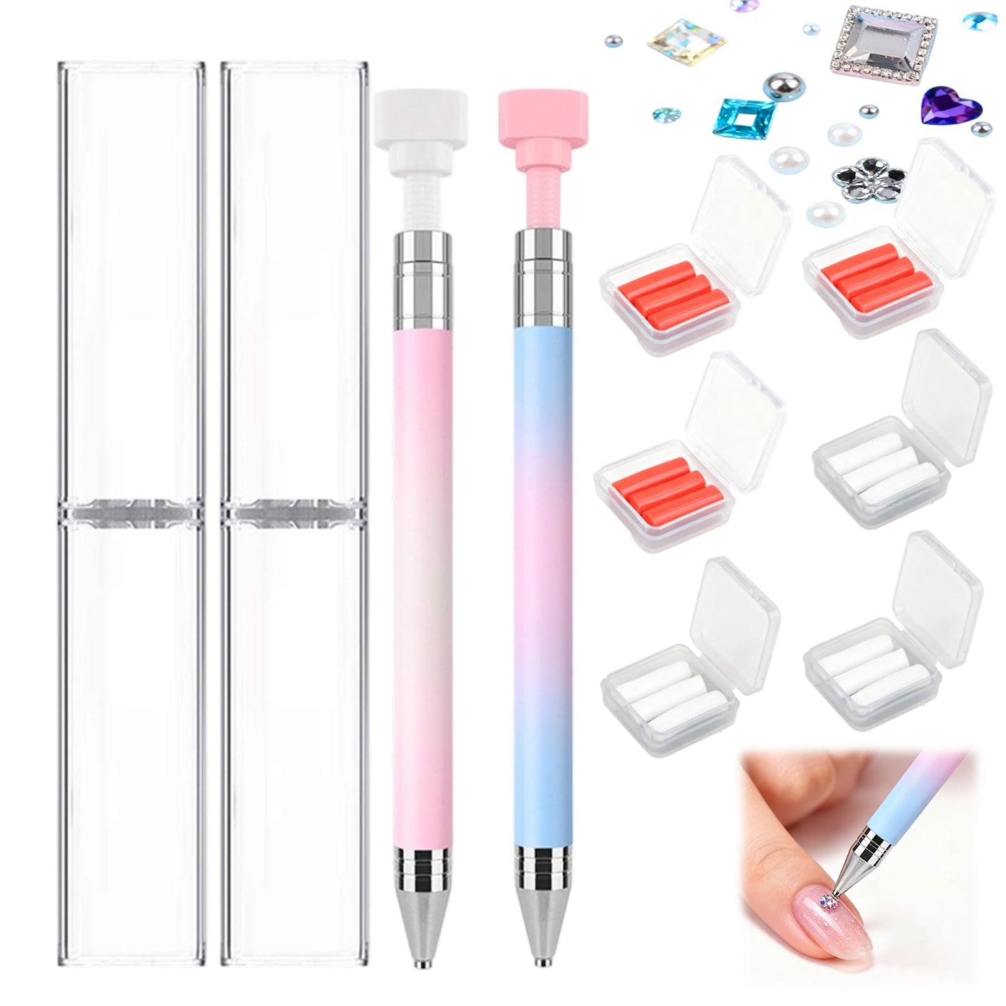 2 PCS Automatic Refillable Wax Pen for Diamond painting, Refillable Diamond Art Pen with 6 Refill Wax Pads, Wax Pen for Art Nail DIY Craft (Gradient Blue+Gradient Pink)