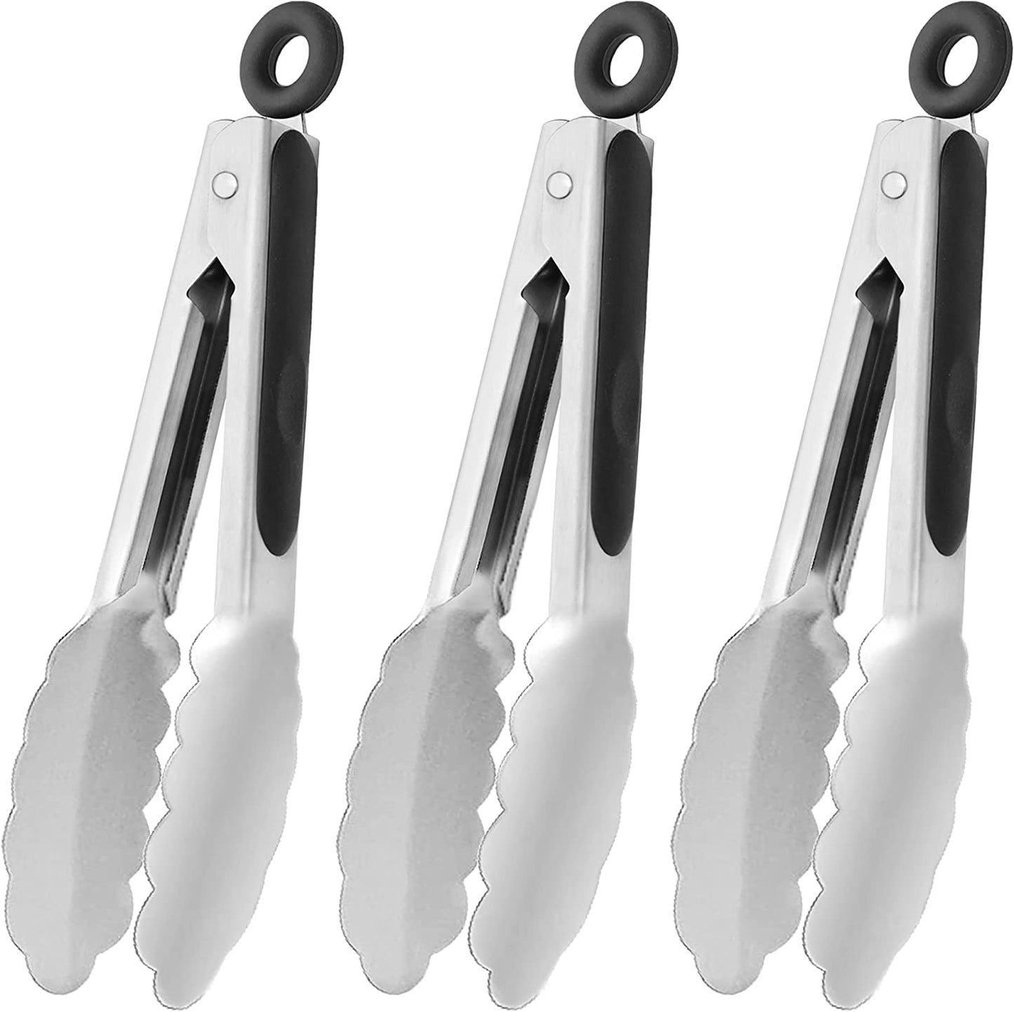 Small Silicone Tongs 7-Inch Mini Serving Tongs, Set of 3 (Black Gray White)