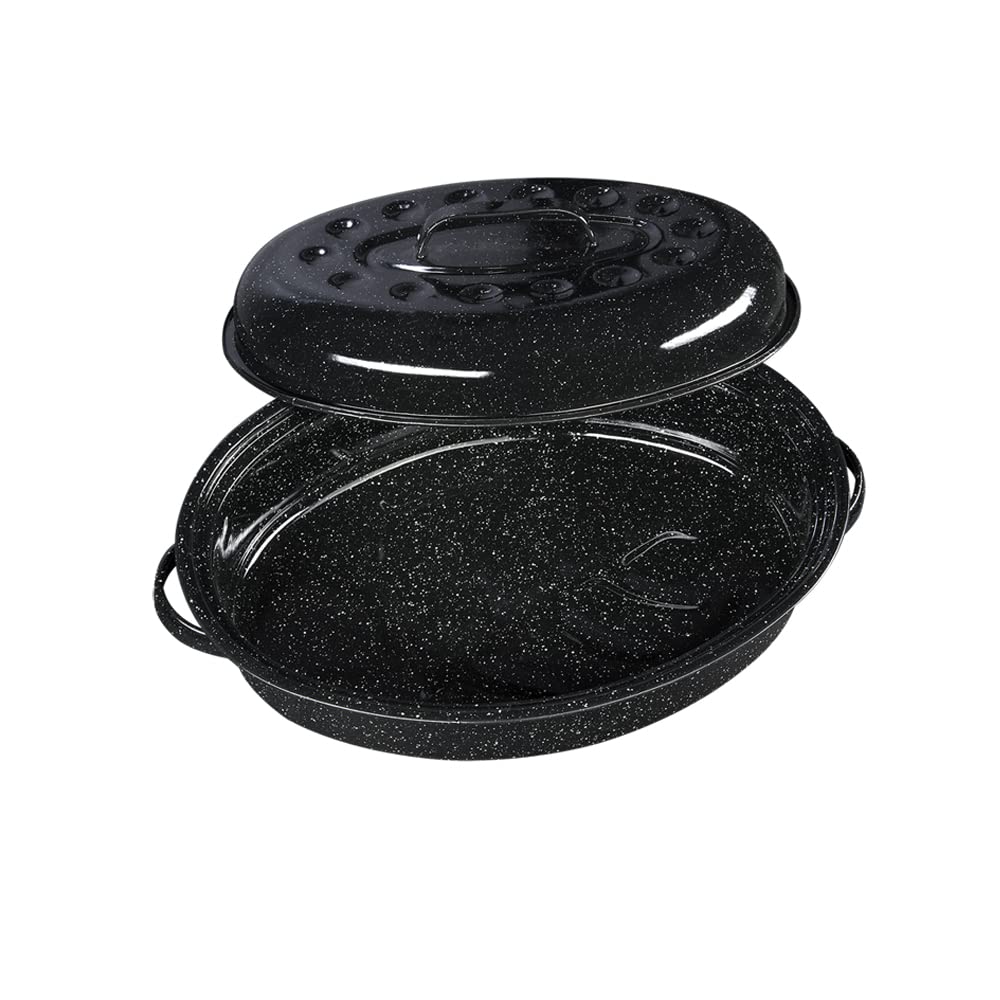 Granite Ware 15-Inch Covered Oval Roaster, 10 Lb Capacity - Enamel Steel Cookware, Dishwasher Safe & PFOA-Free, Even Heat Distribution for Roasting Poultry, Meat, or Vegetables (Speckled Black)