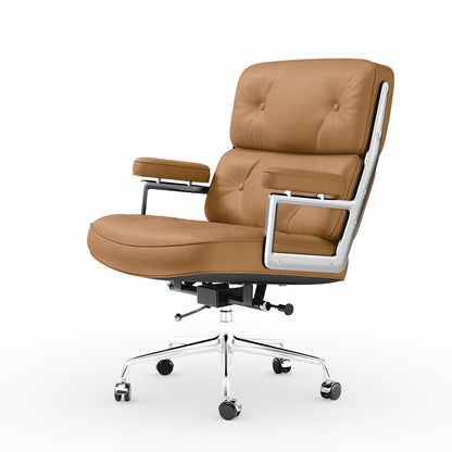 Genuine Leather Office Chair, Mid Back Executive Desk Chairs with Aluminum Arms and Wheels, Swivel Office Leather Chair with Thickened Backrest and Ergonomic Lumbar Support, Light Brown
