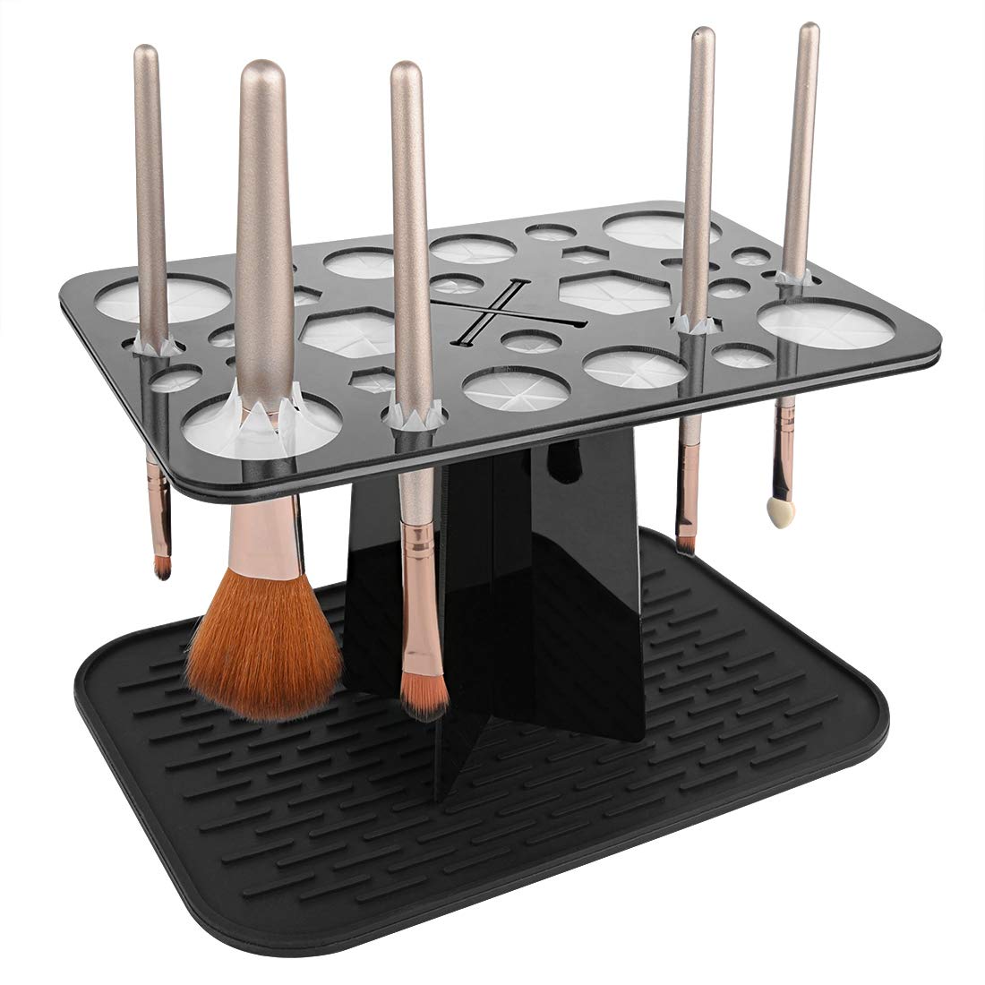 ReignSword 28 Hole Makeup Brush Drying Rack with Mat, Collapsible Makeup Brush Holder with Silicone Mat, Brush Dryer Stand, Make Up Organizer for Vanity Countertop