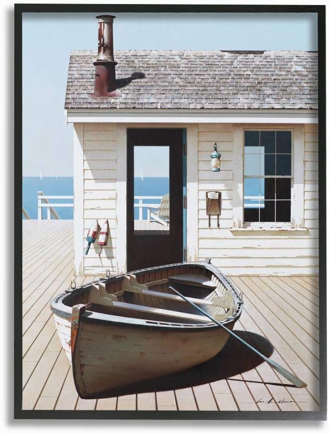Stupell Industries Boat On Boardwalk Painting - Tranquil Coastal Boathouse Art, 11 x 14, Black Framed