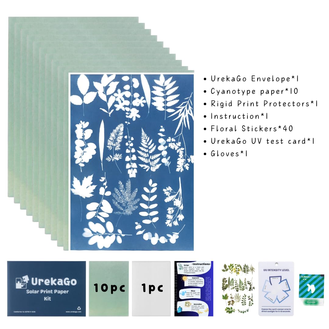 UrekaGo Cyanotype Paper Kit (8" X 10") | 10 Pre-Coated Sheets, 40 Floral Stickers, UV Index Card, Hard Clear Case, Glove, Cartoon Tutorial, Reusable Cardboard Envelope