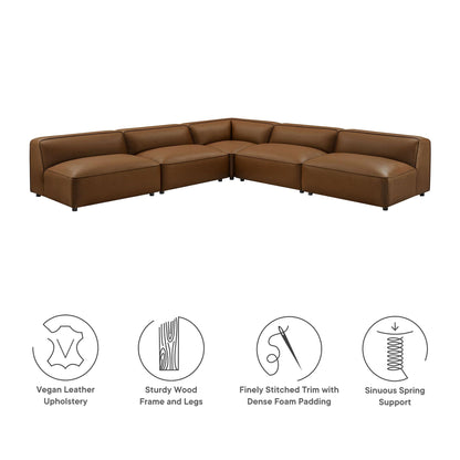 Modway Auren Vegan Leather 5 Piece Armless Modular Sofa in Coffee - Faux Leather L Shaped Sectional - Comfy Modern PU Leather Sofa - Oversized Mid Century Modern Couch for Living Room