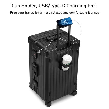 LEOVEN Hardside Luggage, LS-0683 PC Hard Shell Suitcase with Cup Holder, USB, Type-C, 3:7 Ratio, Large Capacity, Aluminium Frame, TSA Customs Lock, 360° Double Wheels with Brake and Shock Absorber