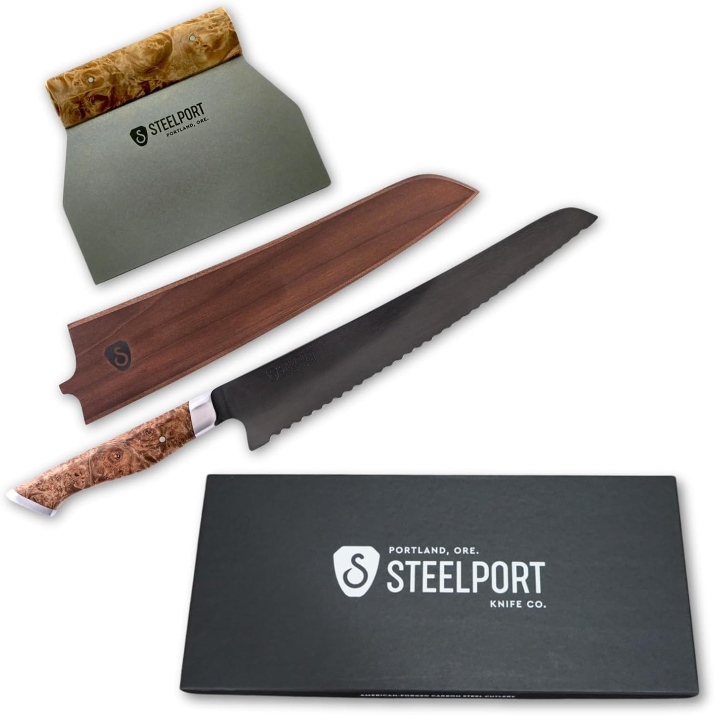 STEELPORT Sourdough Tool Set (3 Pcs.) – 10” Carbon Steel Serrated Bread Knife, Stainless Steel Bench Scraper & Wooden Sheath | Professional Artisan Baking Kit for Homemade Bread, Made in USA