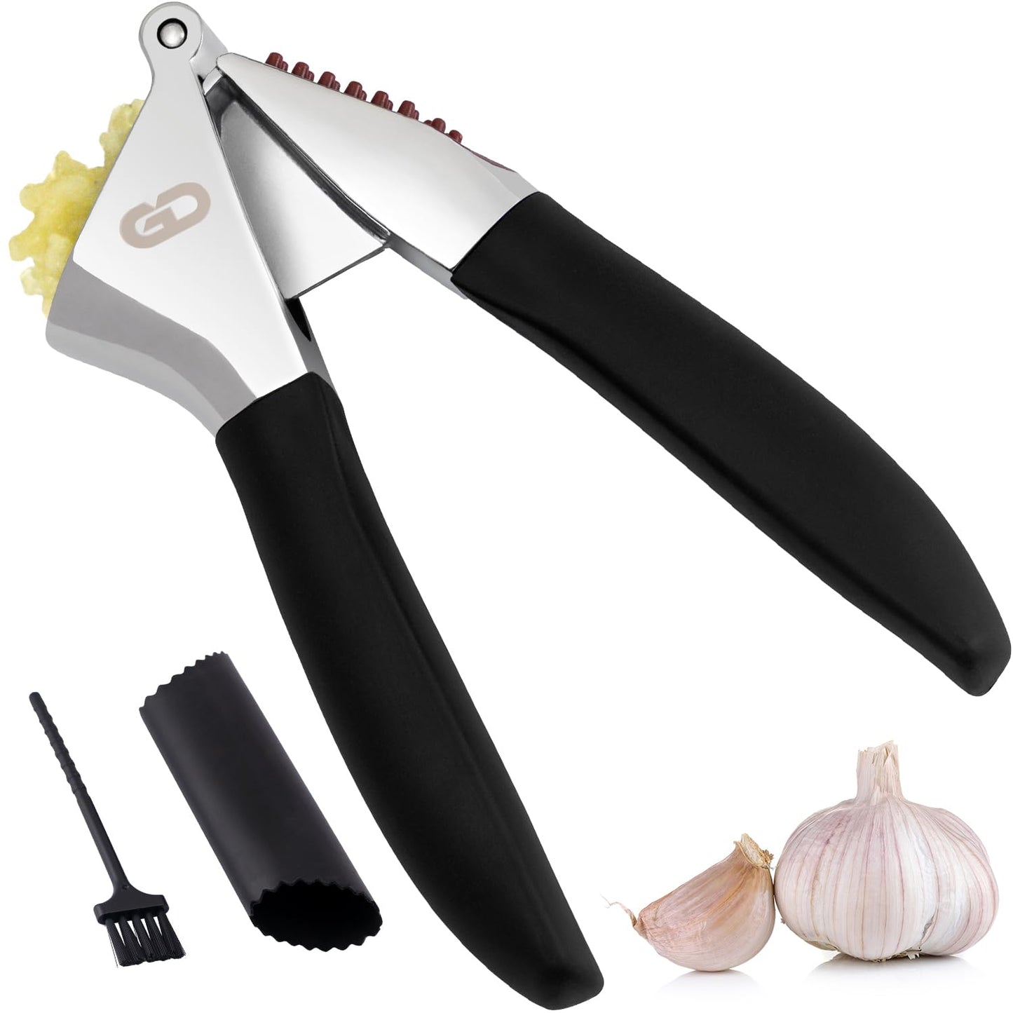 Garlic Press Set – Heavy Duty Rust-Resistant Garlic Crusher & Mincer with Ergonomic Handles, Easy Squeeze Manual Garlic Press, Cleaning Brush & Silicone Peeler, Large Chamber Kitchen Tool