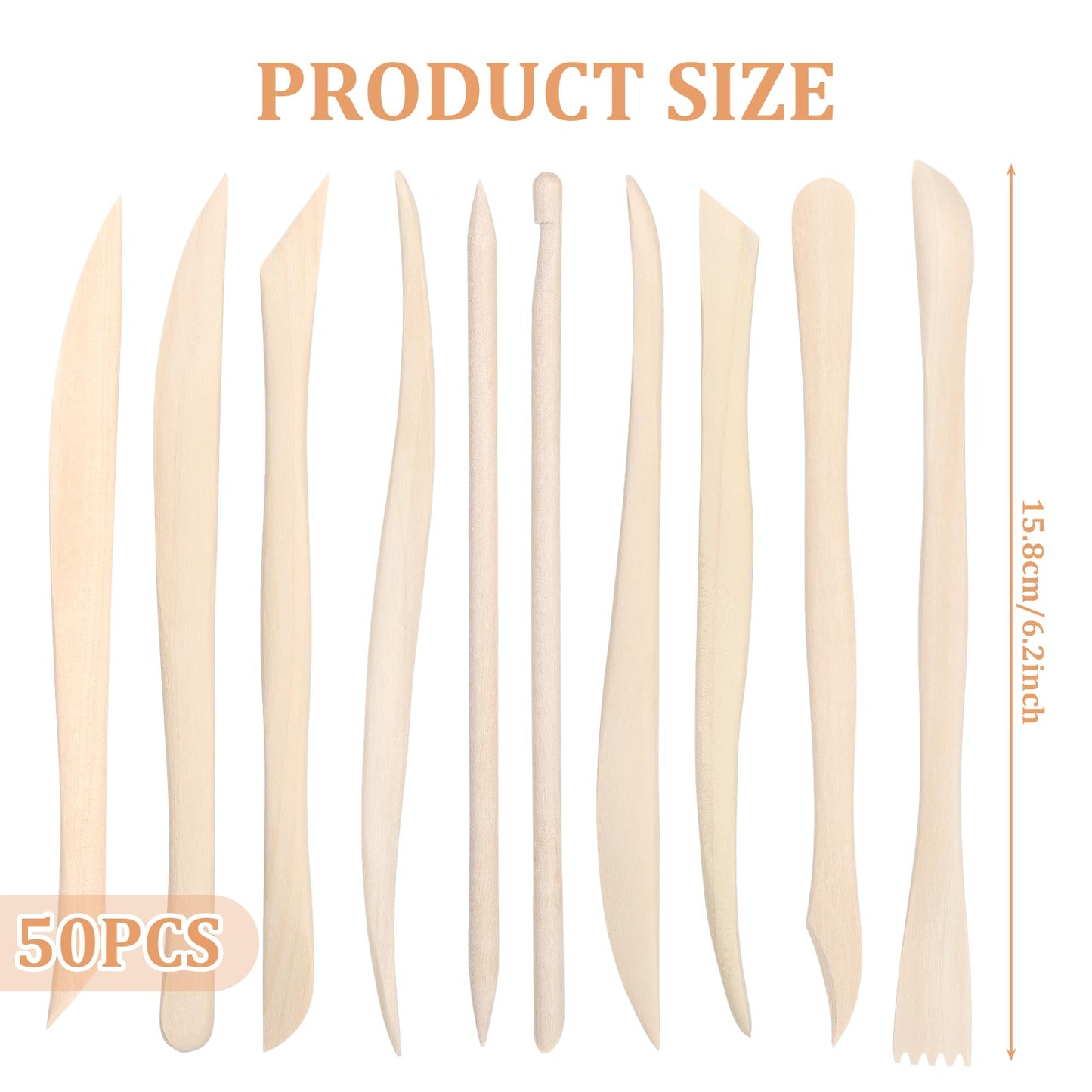 50PCS Wooden Clay Sculpting Tools, 6.2'' Smooth Double Ended Clay Modeling Tools, Polymer Clays Tool Sculpting, Wood Pottery Tool Kit for Ceramics Soap Playdough Carving Supplies