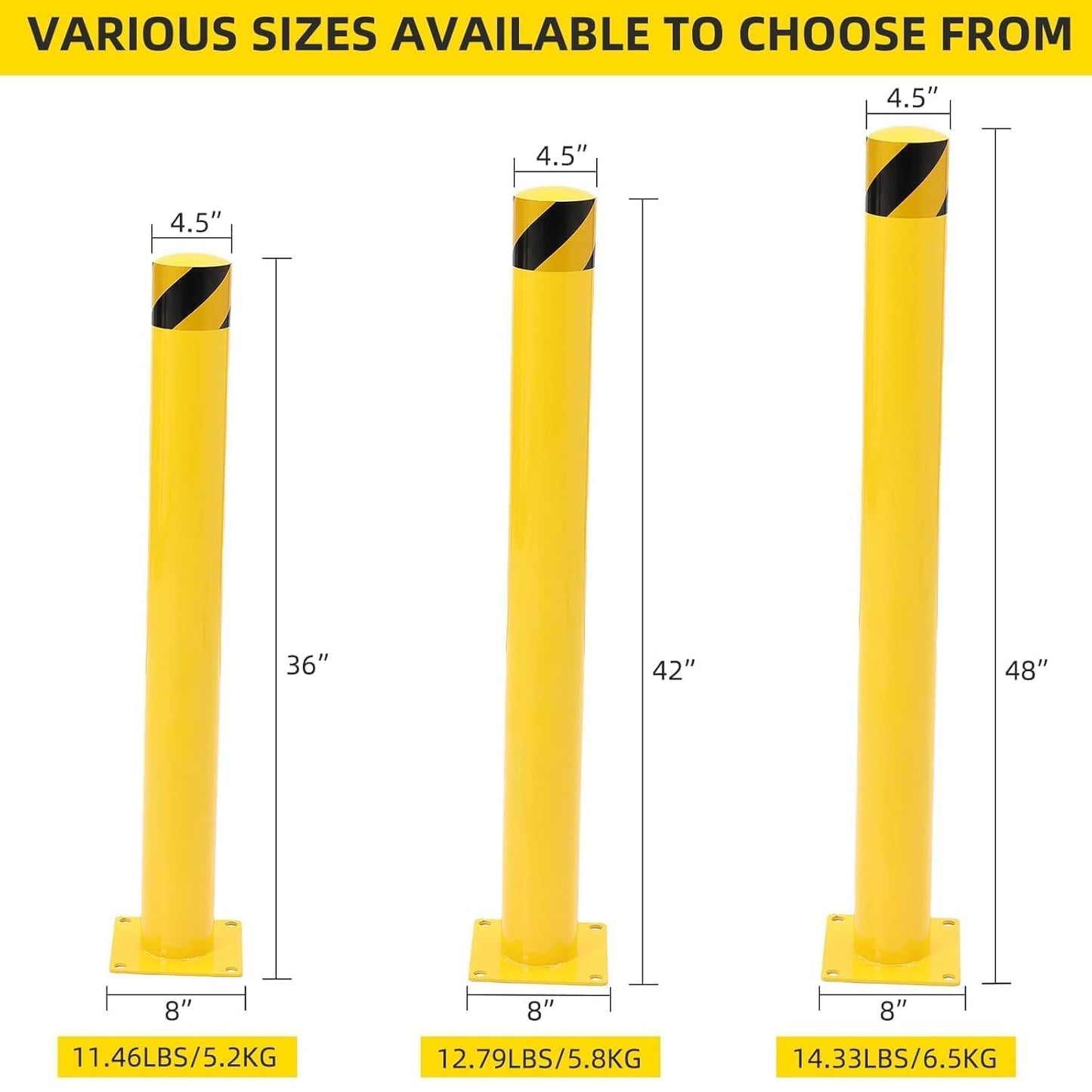 4-Pack 48 Inch Steel Safety Bollards, 4.5 Inch Diameter Parking Bollard Post with 16 Anchor Bolts, Yellow Safety Steel Bollard Post for Driveway Barrier, Traffic Control & Storefront Protection