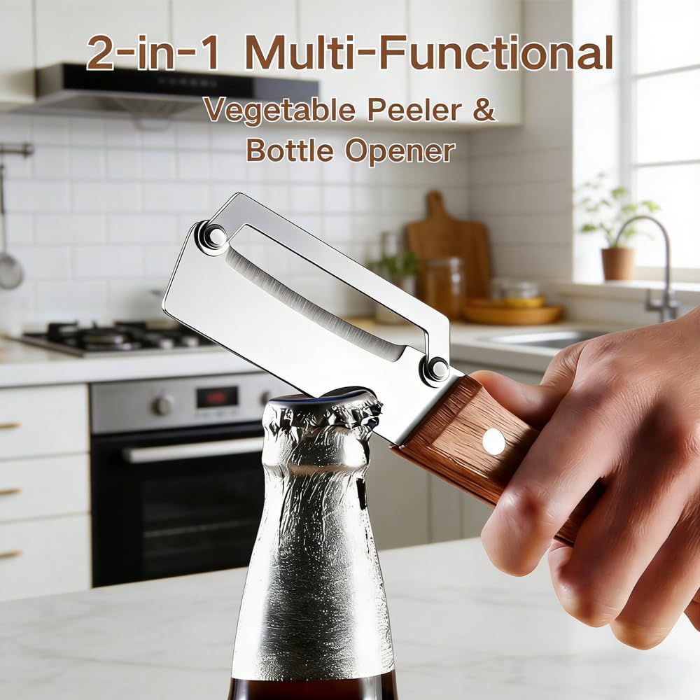 Premium Vegetable Peeler with Wooden Handle and Bottle Opener,Multi-Functional Vegetable Peeler for Kitchen, 2-In-1 Stainless Steel Kitchen Tool, for Fruit Veggie, Includes Bottle Opener (2PCS)