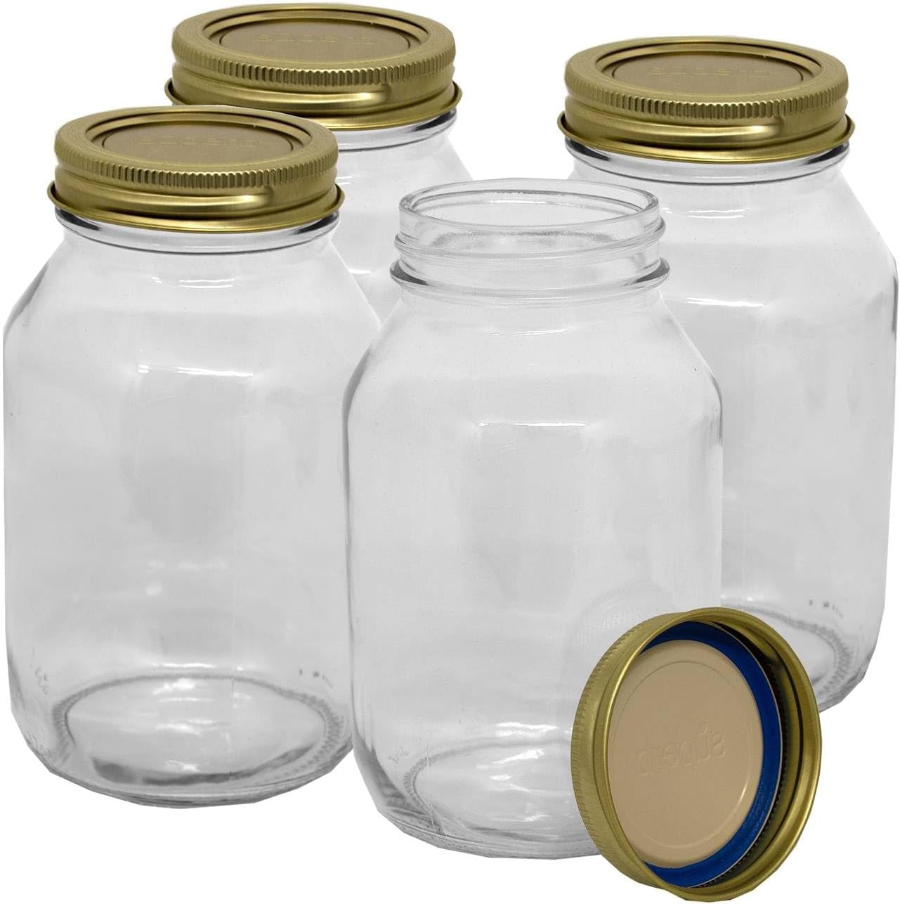 Canning Jars with Lids and Bands, Quart Size Regular Mouth Clear Glass Mason Jar, Pack of 4