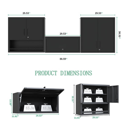 3-Pack Garage Tool Cabinet,Heavy Duty Steel Garage Storage System with Lockable Doors & Adjustable Shelves,Wall Mount Tool Cabinet Set for Workshop Organization,Black