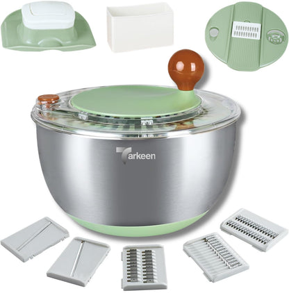 Tarkeen Stainless Steel Salad Spinner Large, BPA-Free Lettuce Spinner, 3-in-1 Salad Bowl & Fruit Cleaner with Non-Slip Base, Dishwasher Safe, 5 Blade Slicer & Egg Yolk Separator, 5.3Qt