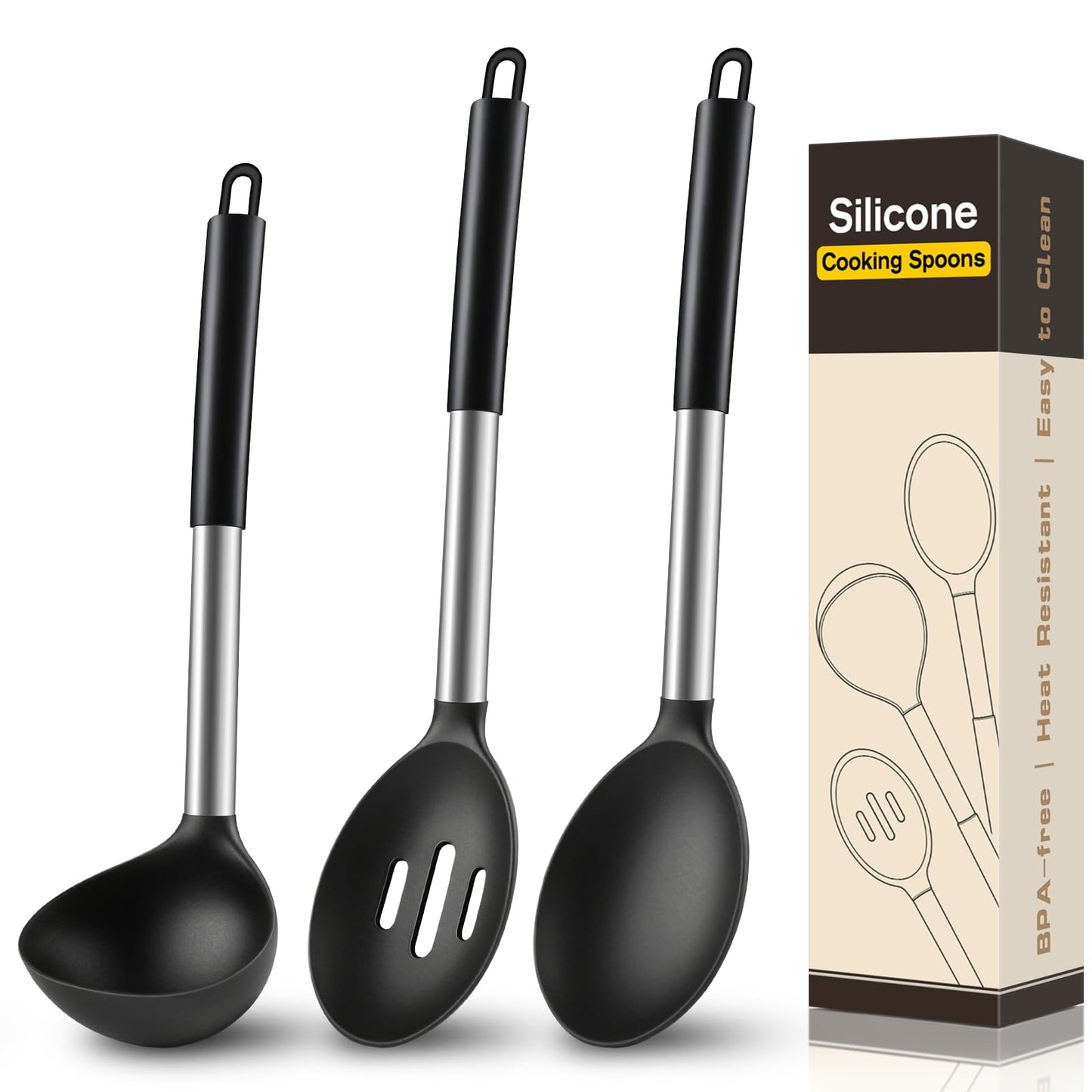 3 Pcs Silicone Cooking Spoon Set, Kitchen Utensils Include Solid & Slotted Spoon, Soup Ladle, Food-Grade Heat Resistant, Non-Scratch Spoons for Serving, Stirring, Draining, Dishwasher Safe, Black