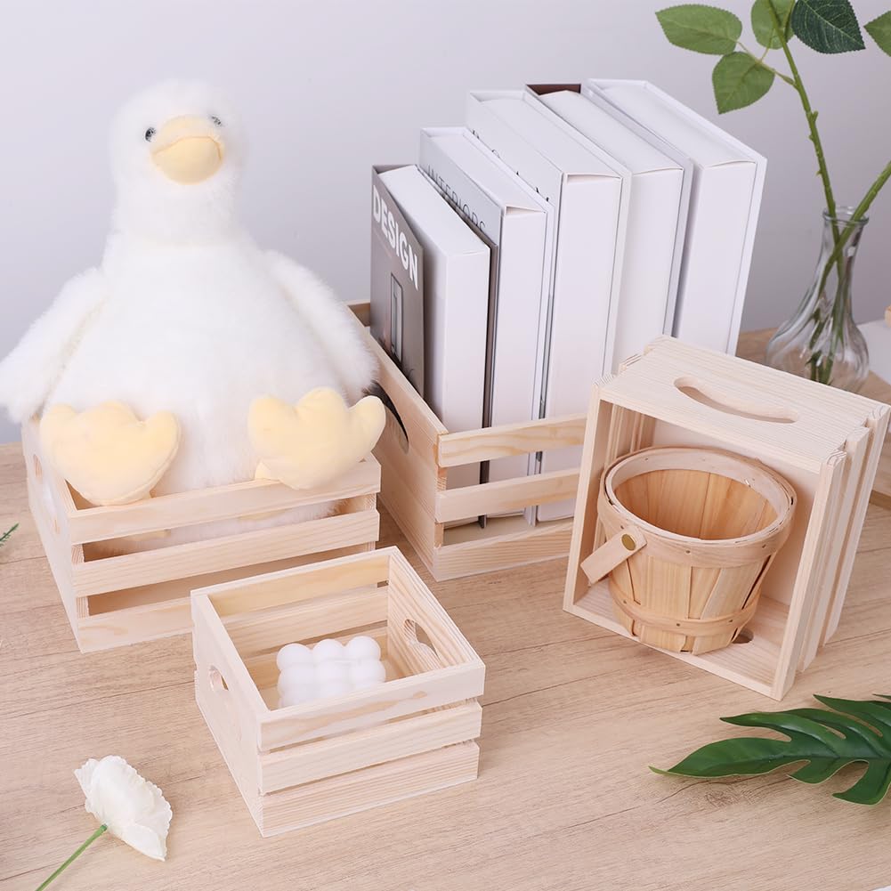 GRETJOB Wooden Crates with Handles, 4 Set Rustic Wooden Crates for Display, Small Wood Crates Box for for Kitchen, Office, Bedroom, Closet, Rustic Country Decor