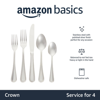 Amazon Basics Silverware Set, Stainless Steel Flatware, Dishwasher Safe, Service for 4, 20-Piece Forks and Spoons, Crown Edge, Everyday Use