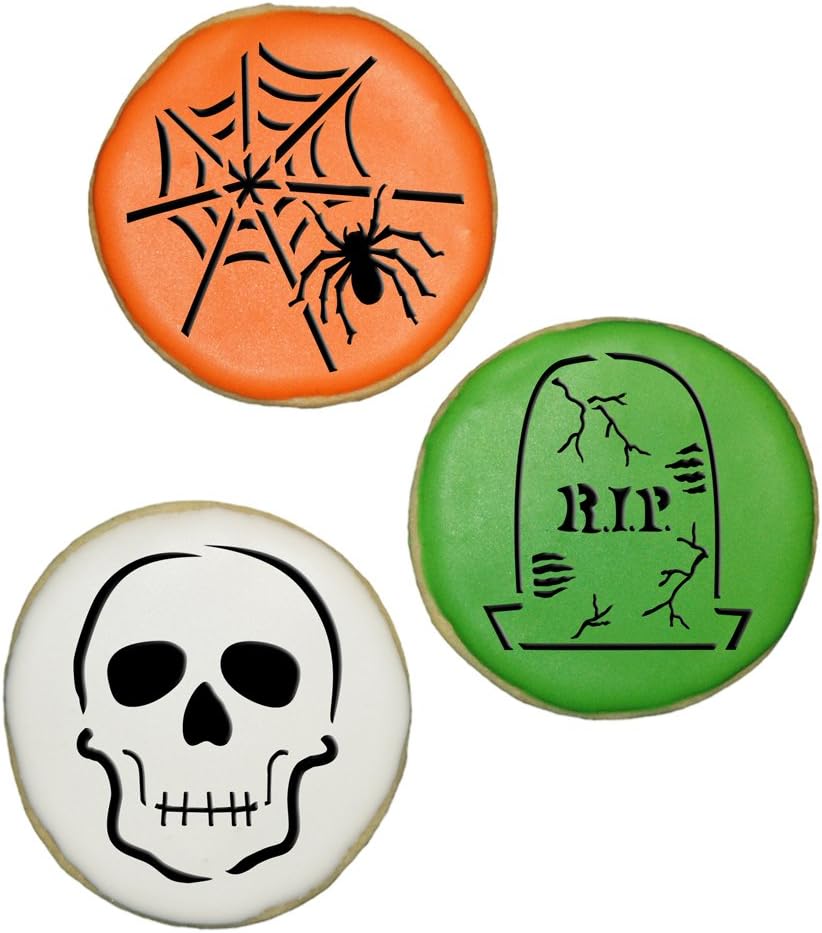 Designer Stencils Scary Halloween Cookie Stencil Set, (Spider Web, Skull, Gravestone)