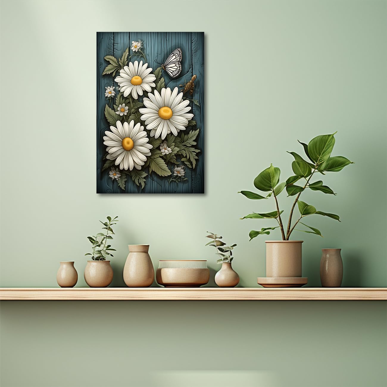 CXHOSTENT Farmhouse Flowers Canvas Wall Art, Daisy Flower Butterfly on Rustic Wood Background Painting