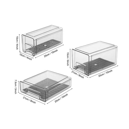 Bronkeeper Pull Out Clear Fridge Organizer Drawers with Drainer, Refrigerator Stackable Storage Bins for Kitchen Fruit & Veggie Organization (Complete Set)