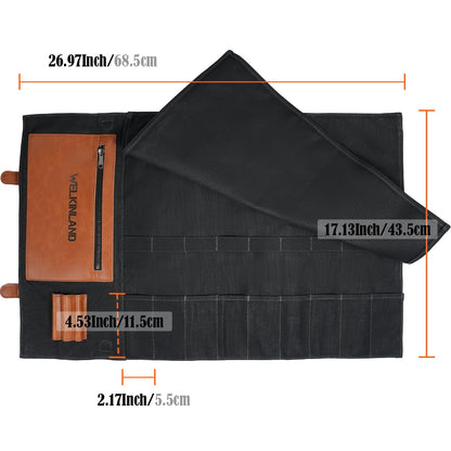 WELKINLAND 14-Pockets Knife Roll, Waxed Canvas Leather Knife Roll, Knifes bag holders, Chef Knife Roll Bag, Chef knife roll, Knife Roll Bag for Pocket Knives
