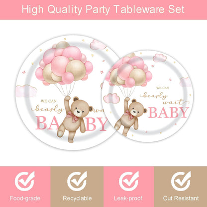 96 Pcs Bear Baby Shower Party Plates and Napkins Set, We Can Bearly Wait Party Decorations Supplies Brown Coffee Pink Tableware for Girl Baby Shower Decor, Serves 24