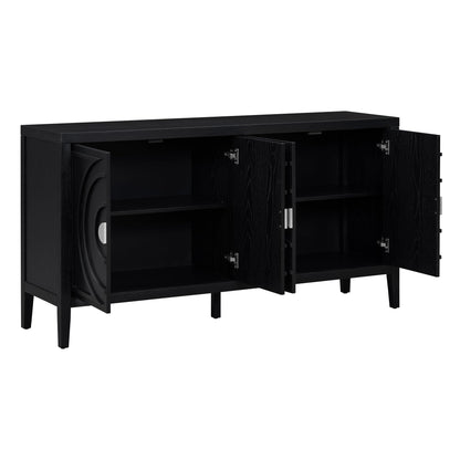 Jintop Retro Sideboard with Circular Groove Design Round Metal Door Handle,Wooden Buffet Cabinet,W/Adjustable Shelves & Open Countertop,for Entrance Living Dinning Room,Black
