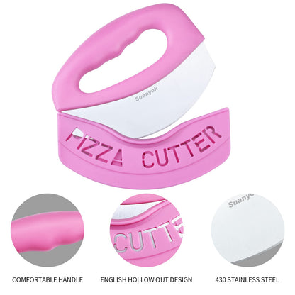 Suanyok Premium Pizza Cutter Food Chopper-Super Sharp Blade Stainless Steel Pizza Cutter Rocker Slicer with Protective Sheath Multi Function Pizza Knife Kitchen Tools,Dishwasher Safe (Pink)