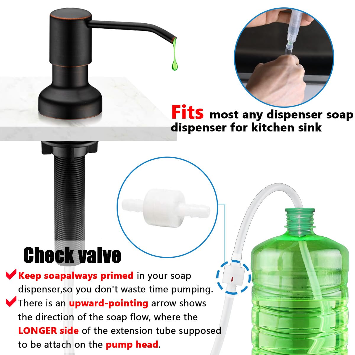 Sink Soap Dispenser Extension Tube Kit with Upgraded Check Valve, 47" Under Counter Soap Dispenser Tube for Kitchen Sink, Fit Most Soap Containers, Strong Suction, No More Tiny Bottle Daily Refills