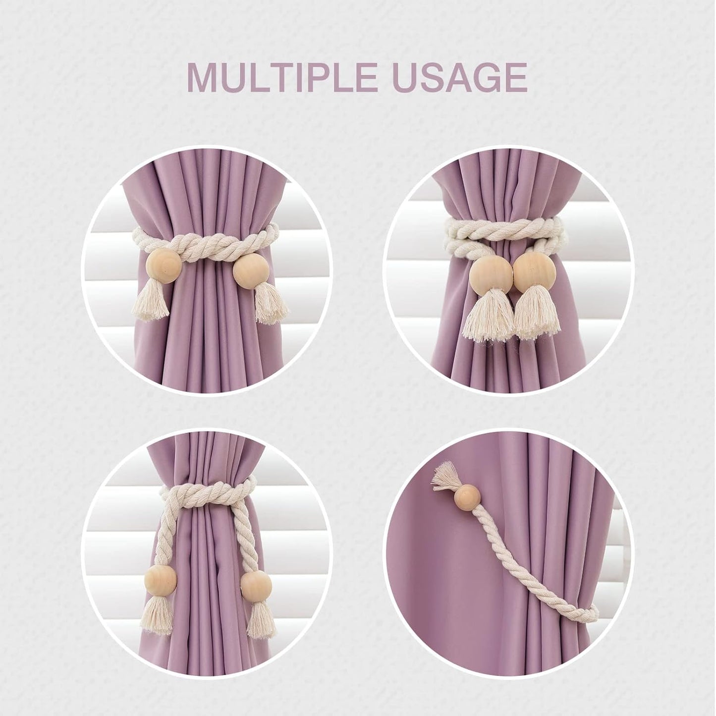 2 Pack NICEEC Wooden Ball Magnetic Curtain Tiebacks Boho Home Decor Drape Tie Backs Natural Cotton Hand Woven Rope