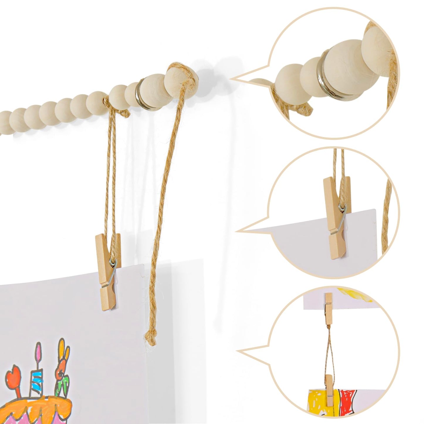 KLOGTSIND Kids Art Display Wall Decor, Wooden Beads Garland Frame Holder with 34 Clips for kids artwork, Photo, Wall Hanging Boho Room Bedroom Decor