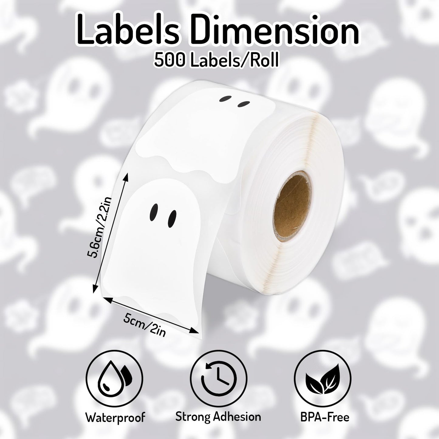 Whaline Halloween Ghost Direct Thermal Labels Cute White Ghost Label Stickers Self-Adhesive Printer Decals for DIY Candle Name Tag Logo Design, 500 Pcs