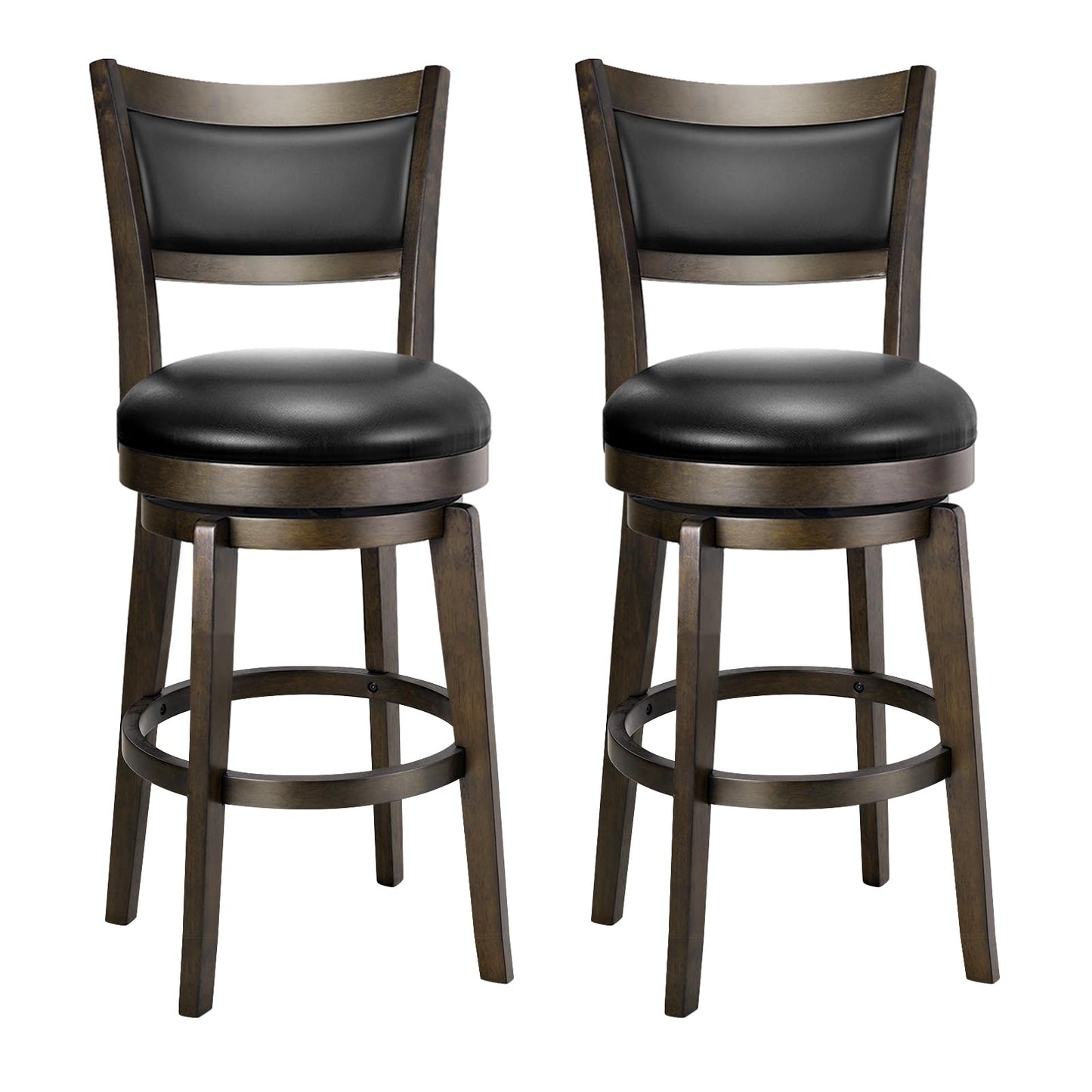 PrimeZone Swivel Bar Stools Set of 2, 24 Inch Counter Height Barstools, Black Faux Leather Bar Stool with High Backrest & Solid Wood Legs & Wrap-around Footrest, Counter Stools for Kitchen Island, Pub