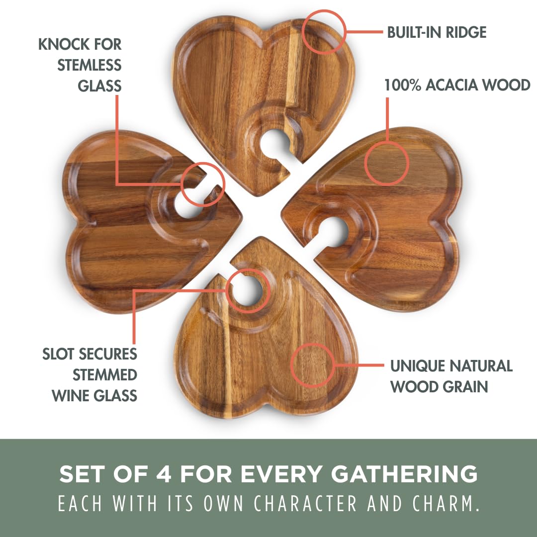 PICNIC TIME Heart Wine Appetizer Plates, Set of 4 Wooden Cocktail Plates with Glass Holder, Mini Charcuterie Boards for Wine and Cheese Parties, Acacia Cheese Board Serving Trays (Acacia Wood)