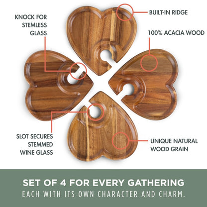 PICNIC TIME Heart Wine Appetizer Plates, Set of 4 Wooden Cocktail Plates with Glass Holder, Mini Charcuterie Boards for Wine and Cheese Parties, Acacia Cheese Board Serving Trays (Acacia Wood)