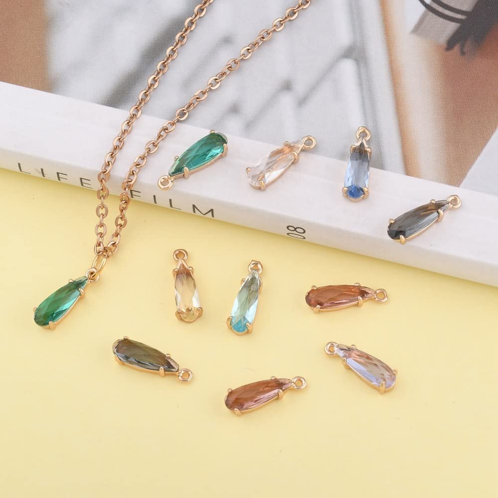 FASHEWELRY 50Pcs Teardrop Faceted Glass Pendants Mixed Colors Crystal Glass Dangle Oval Drop Bead Charms with Golden Open Back Settings for Jewelry Craft Making