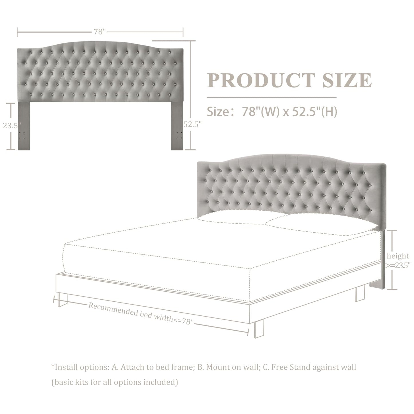 Furpopup Velvet Upholstered Headboard King/Cal King Size Latest Model Wall Mount, Bed Frame Mount, Featuring High-Density Sponge Padding, Luxury Texture Easy Assembly and Style-Silver Gray
