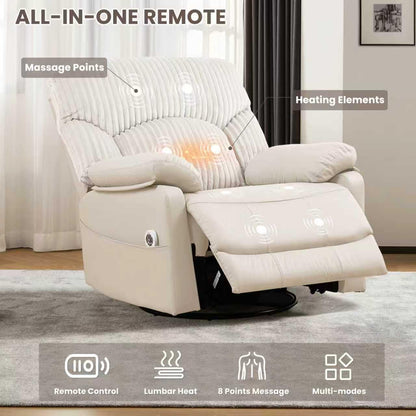 GRAINELL Swivel Rocker Recliner Chair with Massage and Heat, USB Charging Port, Infinite Position Power Recliner, Electric Glider Rocking Chairs for Living Room, Nursery (Lvory)